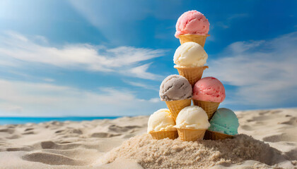 Ice cream tower on the beach sand at sunny day