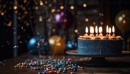 A blue birthday cake with lit candles on top of a wooden table, confetti and balloons
