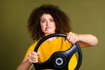Closeup photo of funny woman dangerous driving car nervous turn steering wheel automobile has no...
