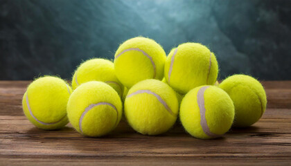 Lots of yellow tennis balls on wooden floor. Racket sport