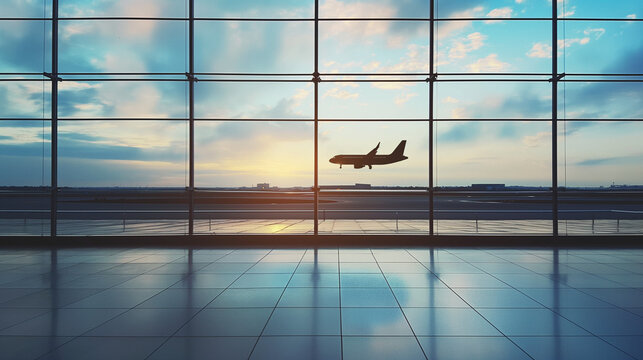 Silhouette of a plane taking off or landing in sunset sky from empty airport lobby, concept of taking off, start up, travel, go back home, with copy space.