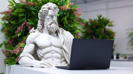 Statue of a man with a beard and mustache working on a laptop