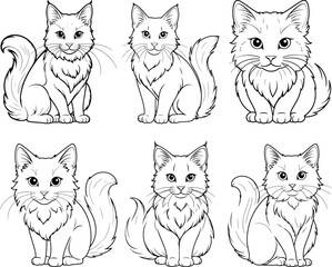 Cat set hand drawn coloring page and outline vector design