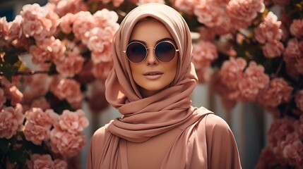 Woman wearing a headscarf on a floral background - obrazy, fototapety, plakaty
