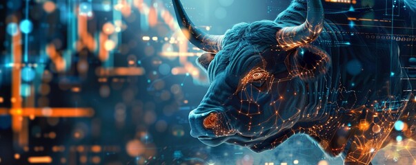 Detailed close-up of a bull with a backdrop of glowing cryptocurrency trade lines