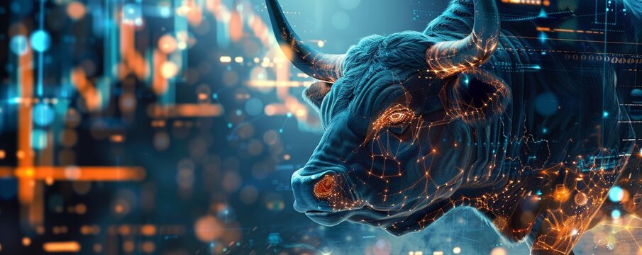 Detailed close-up of a bull with a backdrop of glowing cryptocurrency trade lines