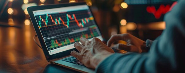 Engrossed hand tracing the ups and downs of trading volume on a laptop