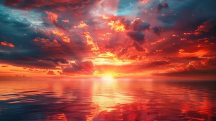 Foto op Canvas Vibrant sunrise scenery: sun peeking through clouds over lake, sea, and sky © Ashi