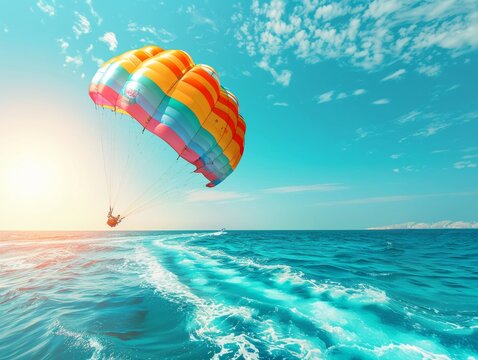 Dynamic view of a colorful parasail against the backdrop of a sparkling summer sea and clear blue sky.