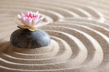 Fototapeta na wymiar Sand white lotus and spa stones in zen garden. Concept of mindfulness
