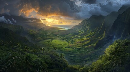 Vibrant sunset amidst lush green hawaiian valley under moody sky - nature's serenity