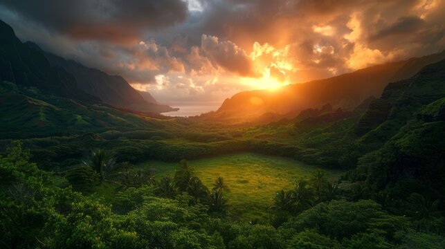 Vibrant sunset amidst lush green hawaiian valley under moody sky - nature's serenity