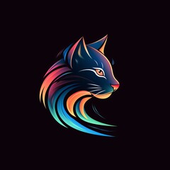  neon colorful logo of a cat on black background