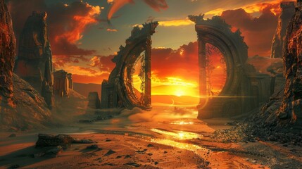 Golden sunset casting radiant glow over enchanting desert landscape with mystical gate portal to alternate realm
