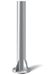Metal pole pillar. Steel pipe bolted on flat base. Steel vertical cylinder footing for road sign, banner, billboard, isolated on white background. Vector illustration