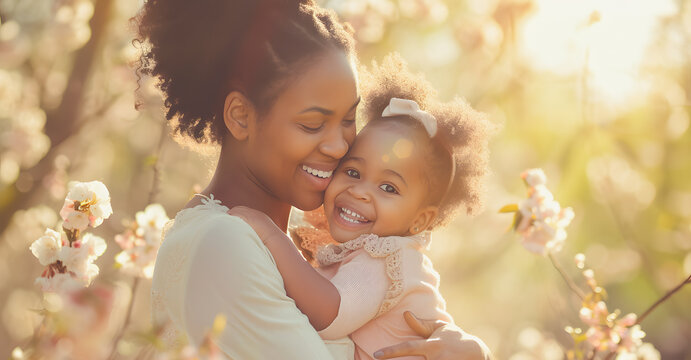 Young african mother holding her baby outdoor - Mom and daughter in the nature during spring time - Mother's day concept - Models by AI generative