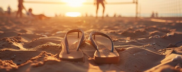 Sunlit flip-flops on a sandy beach - obrazy, fototapety, plakaty