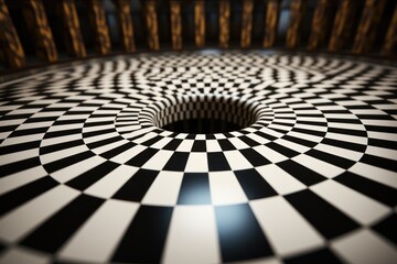 Black and white checkered floor with a hole in the center