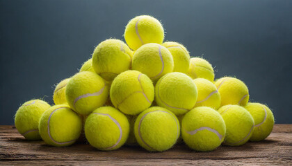 Lots of yellow tennis balls on wooden floor. Racket sport