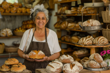 Happy and inviting mature female baker showcasing her delectable bread offerings in her bakery shop. Middle-aged woman entrepreneur proudly presenting her homemade bread creations - obrazy, fototapety, plakaty