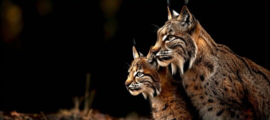 Male lynx and lynx cub with space for text, object on right side, ideal for captions