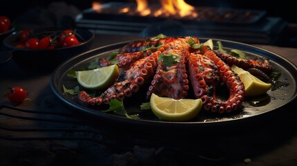 Grilled Octopus on Black Plate: Traditional Mediterranean Dish

