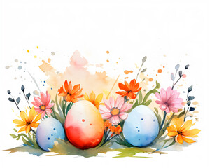 Colorful decorated Easter eggs and flowers isolated on white background in watercolor style. Happy Easter illustration concept. Easter composition with flower wreath. Design for spring greeting card