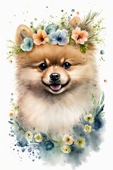 Cute doggy portrait with flowers crown. Watercolor baby animal print. Beautiful pet animal cartoon drawing poster. Funny mammal character nature. Watercolor beauty baby dog sweet portrait.  Ai created