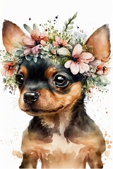 Watercolor dog baby portrait with flowers crown. Cute illustration vintage style. Animal cartoon drawing poster print.  Ai created