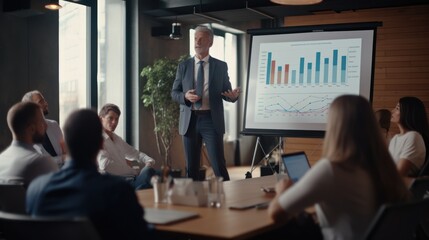 Confident businessman delivering a presentation consulting training persuading employees client group, mentor leader explain graph strategy at team meeting workshop