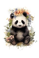 Beautiful japanese poster with colorful watercolor panda. Cartoon panda with flowers crown collection on colorful backdrop. Hand drawn style. Cute wildlife animal Beauty portrait.  Ai created