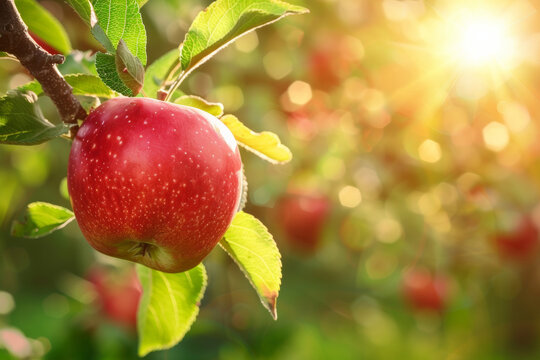 Ripe natural red apple on an apple tree branch among green leaves in the garden in the rays of the summer sun