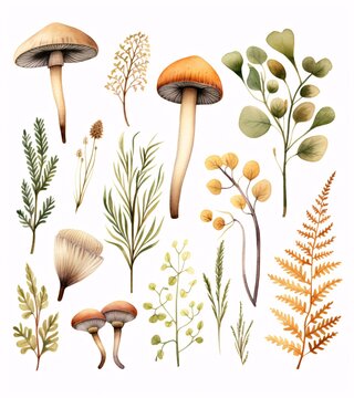 illustration of various types of mushrooms and ferns on a white background in earthy watercolor colors