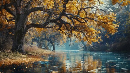 Fototapeta premium Colorful autumn trees alongside tranquil riverbank, nature's beauty in full display