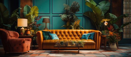 An interior design featuring a living room with a couch, chairs, lamps, and plants. The room is beautifully decorated with wood furniture and hardwood floors, creating a cozy and inviting space