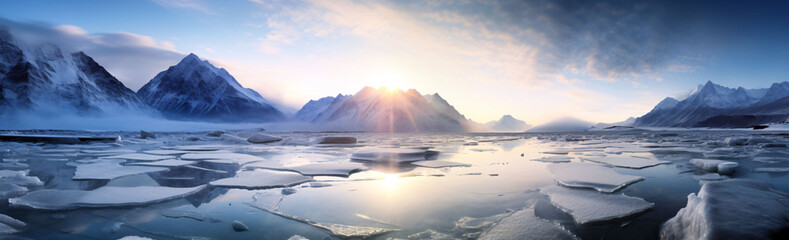 panorama of an icy lake with cracked ice
