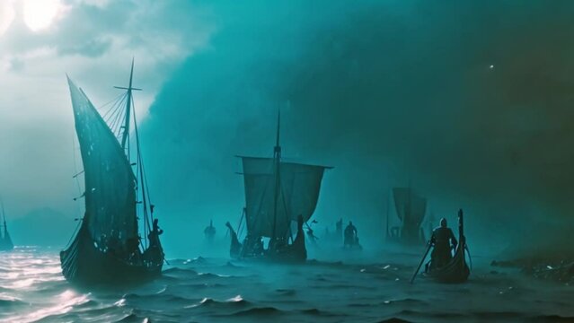 wood ship in the blue sea deep fog