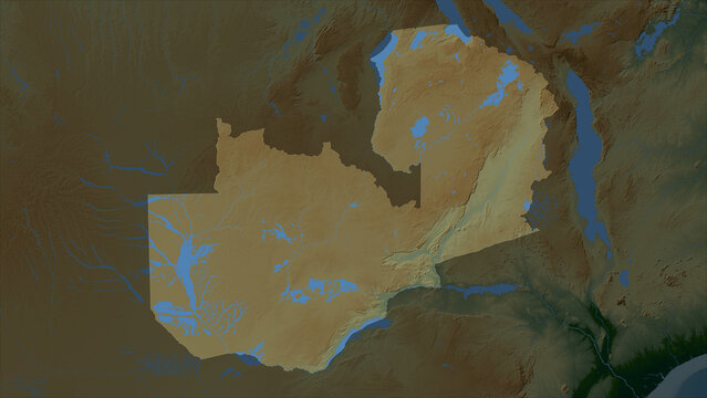 Zambia highlighted. Physical elevation map