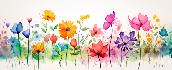 Vibrant watercolor painting of assorted flowers in full bloom, signifying growth and beauty, against a soft