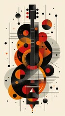 Obraz premium A poster of a musical instrument and musical notes, guitar that is sitting on top of a table.