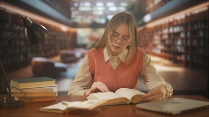 Female in university campus space. Young woman college student sitting in public library, studying for exams, reading book for assignment.