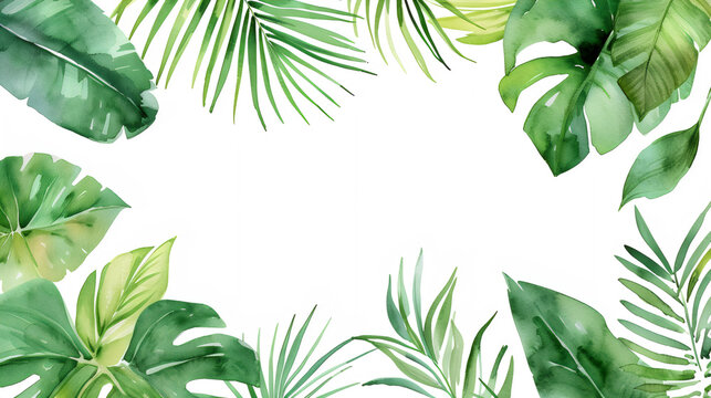 Frame with tropical leaves isolated on white background. Flay lay template with green plants monstera in watercolor style. Botanical illustration for wedding, banner, invitation, poster, greeting card