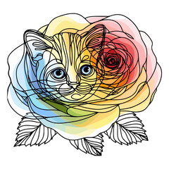 cute line art drawing, kitten face on colorful flower, abstract line art, tattoo style 