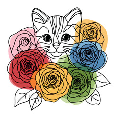 cute line art drawing, kitten on colorful flower, abstract line art, tattoo style 