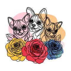cute line art drawing, chihuahua on colorful flower, abstract line art, tattoo style 