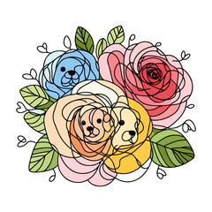 cute line art drawing, puppy face on colorful flower, abstract line art, tattoo style 