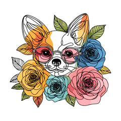 cute line art drawing, chihuahua wear glasses on colorful flower, abstract line art, tattoo style 