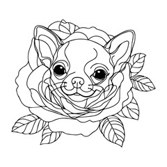 cute line art drawing, chihuahua on flower, abstract line art, tattoo style 
