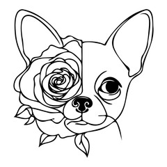 cute line art drawing, chihuahua on flower, abstract line art, tattoo style 