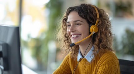 Young woman wearing a yellow cardigan and a white shirt, with curly hair, smiling and wearing a headset, representing a customer service representative or a call center operator.